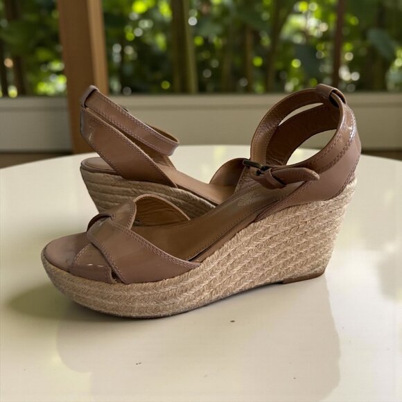 ELIE TAHARI Tan Patent Leather Espadrilles Wedges Size 37 / US 7 - Picture 1 of 11